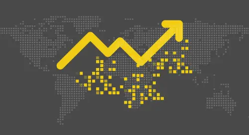 Yellow arrow with pixels below it on a black background