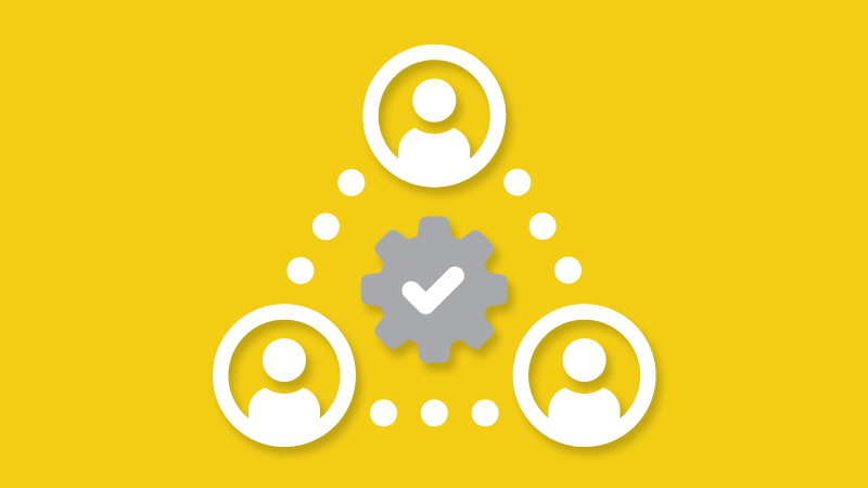 A yellow triangle with each point the outline of a person, connected by dotted lines