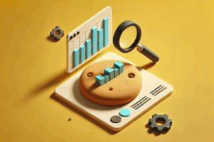 Clay-like 3D illustration of cookie with chart and magnifying glass