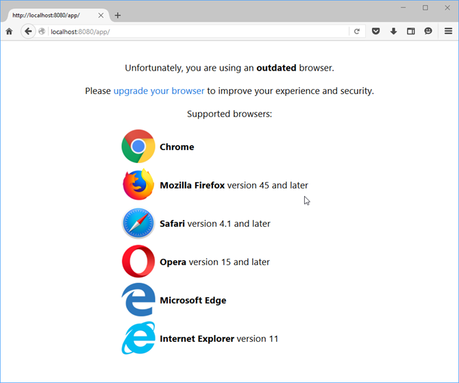 Screenshot of outdated browsers