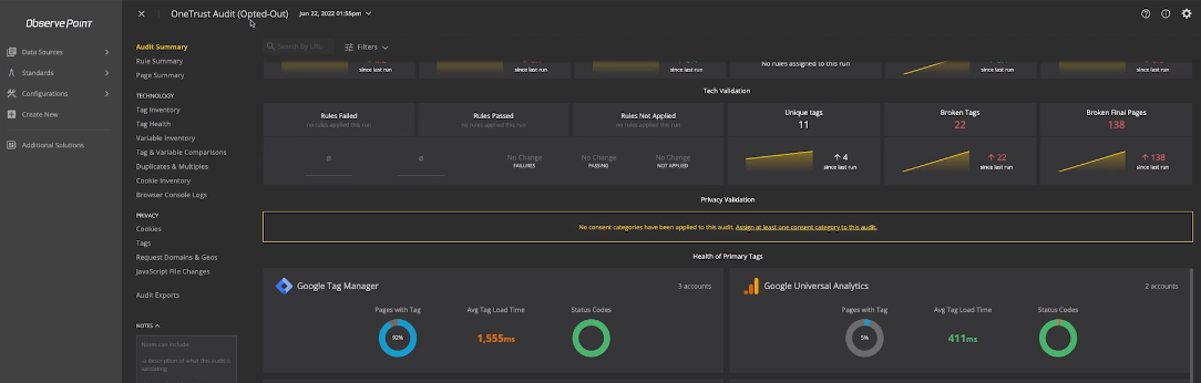 Screenshot of ObservePoint graphs