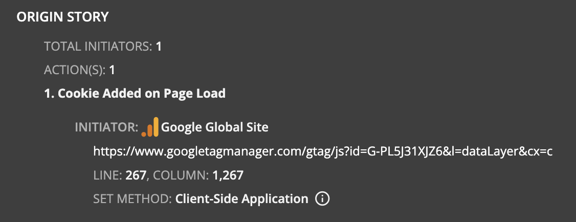 screenshot from ObservePoint's webscanner showing a cookie origin story