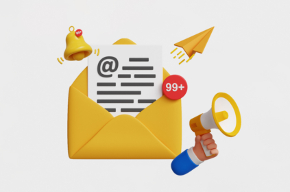 Note coming out of an envelope with bell, paper airplane, and megaphone surrounding it