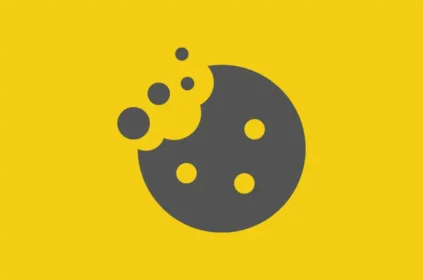 Cookie with crumbs icon, black on yellow background