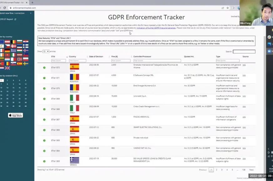 Video thumbnail showing a webpage titled GDPR Enforcement Tracker