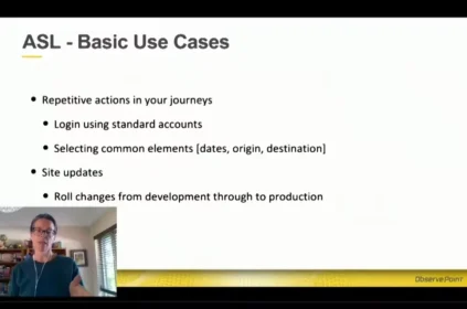 Screenshot from a video that shows a person talking with a slide titled ASL - Basic Use Cases