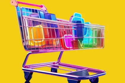 Rainbow-colored shopping cart filled with items against a yellow background