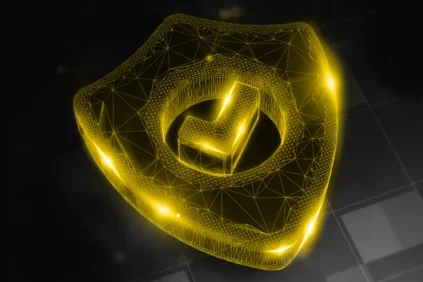 Golden, 3D icon of a shield with a check mark in the middle on a black background