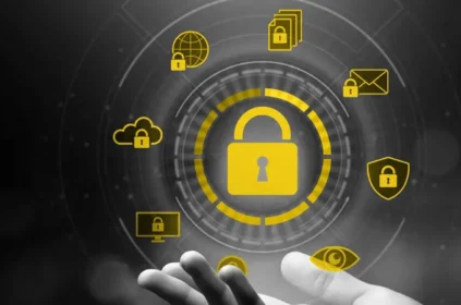 Lock and other privacy icons in the palm of a hand