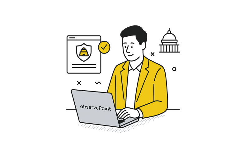 Illustration of a man on a laptop with Utah state government building in the background and a check mark on a privacy icon