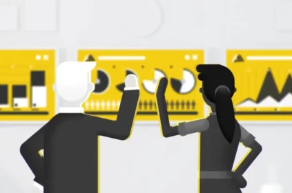 Two animated people looking at graphs and pie charts