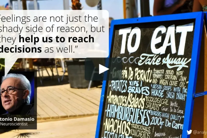 Speech bubble containing the quote "Feelings are not just the shady side of reason, but the help us to reach decisions as well."