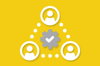 A yellow triangle with each point the outline of a person, connected by dotted lines