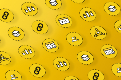 Rows of icons indicating different website functions on a yellow background