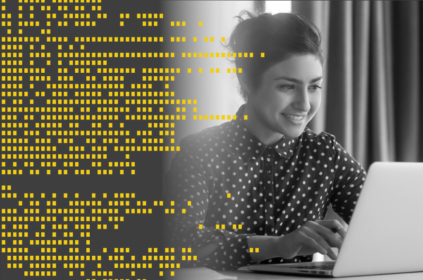 Woman in black and white with yellow pixels creeping in