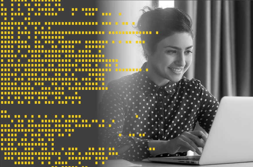 Woman in black and white with yellow pixels creeping in