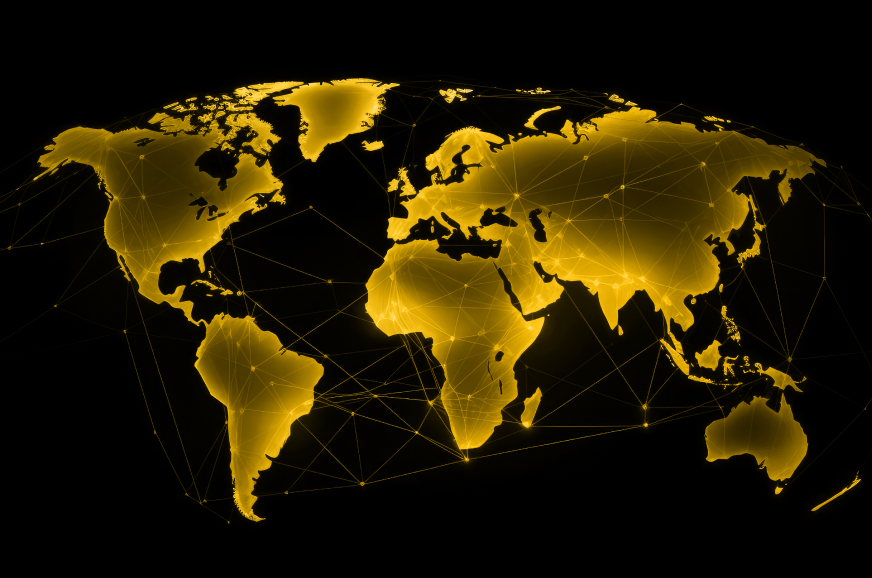 Map of the world in gold over black background