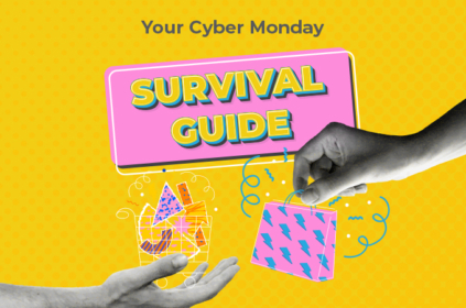 black and white hands holding illustrated shopping bags