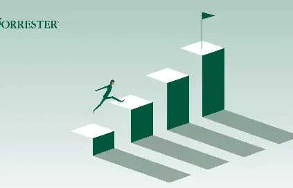 Man leaping up increasingly tall platforms, the tallest of which has a flag planted in the center