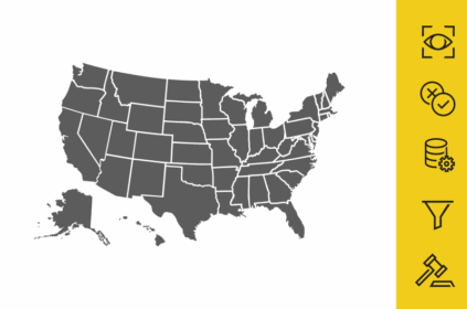 Map of US in black with icons of 5 privacy principles on the right