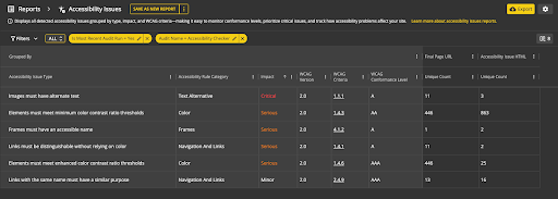 Screenshot of report when you drill down from Accessibility Highlight Report