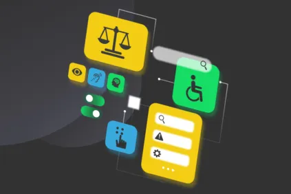 Angled icons of a scale, wheelchair, hearing, eyesight, cognition, and clicking with a finger.