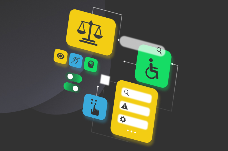 Angled icons of a scale, wheelchair, hearing, eyesight, cognition, and clicking with a finger.