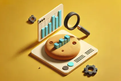 Clay-like 3D illustration of cookie with chart and magnifying glass